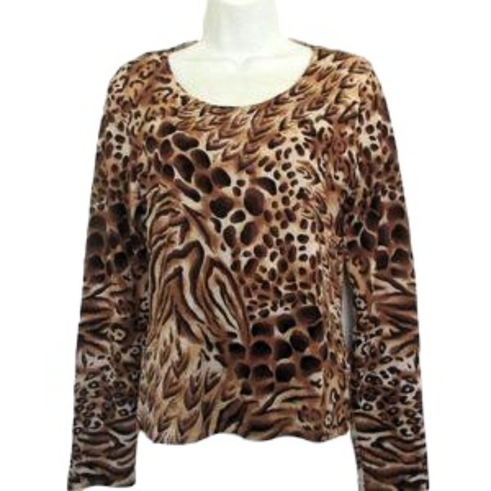 Leopard Tiger Print Silk Ladies Knit Pullover Long Sleeves Lightweight Sz Small